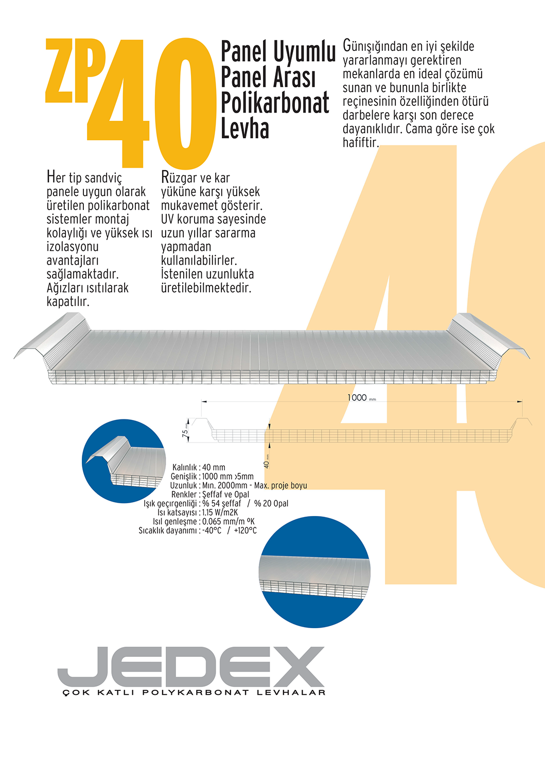 Jedex® ZP40 Panel Uyumlu Panel Arası Polikarbonat Levha