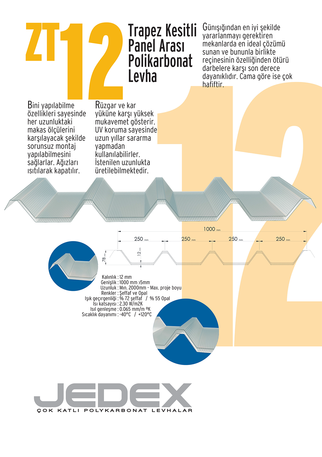 Jedex® ZT12 Trapez Kesitli Panel Arası Polikarbonat Levha