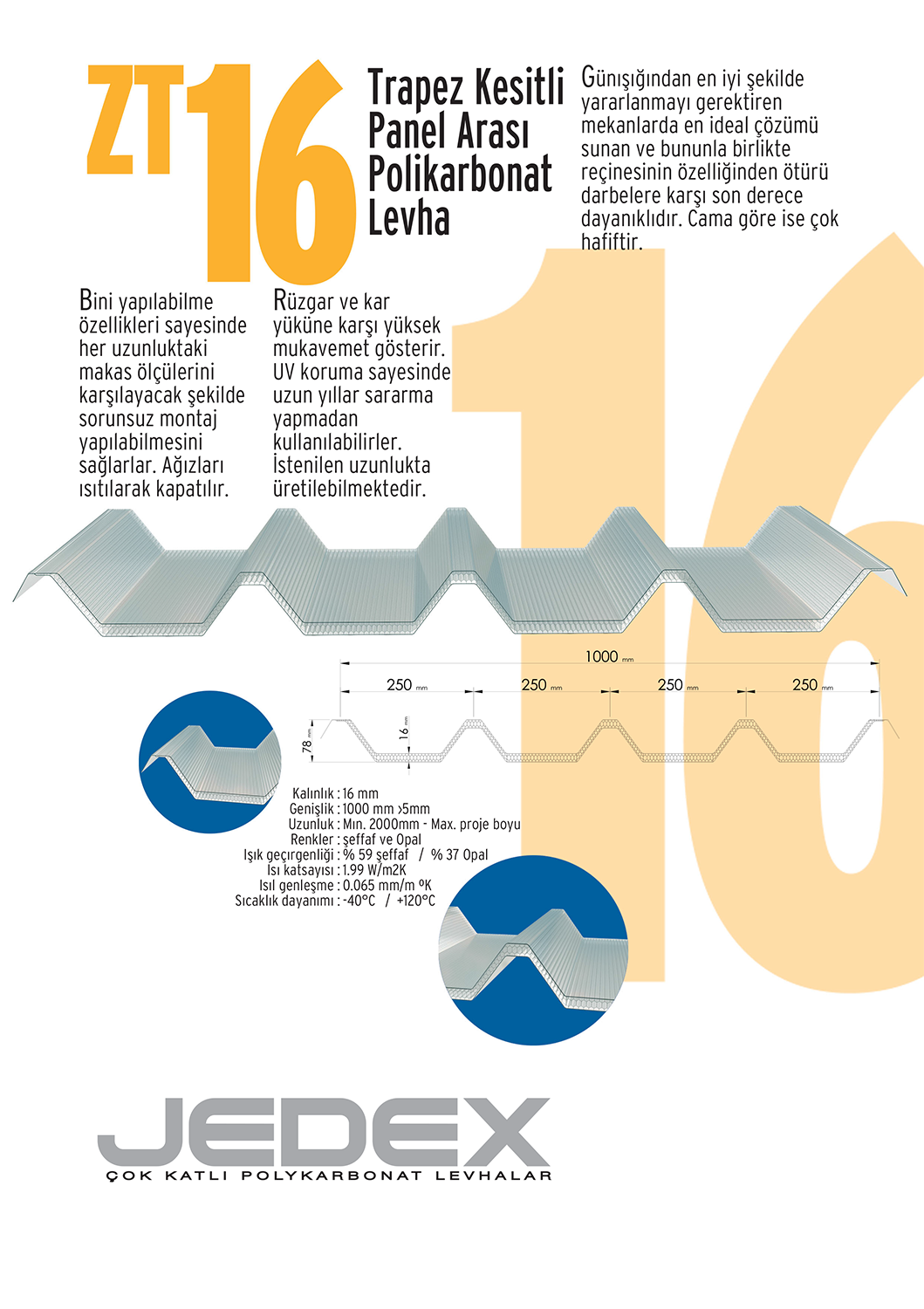 Jedex® ZT16 Trapez Kesitli Panel Arası Polikarbonat Levha