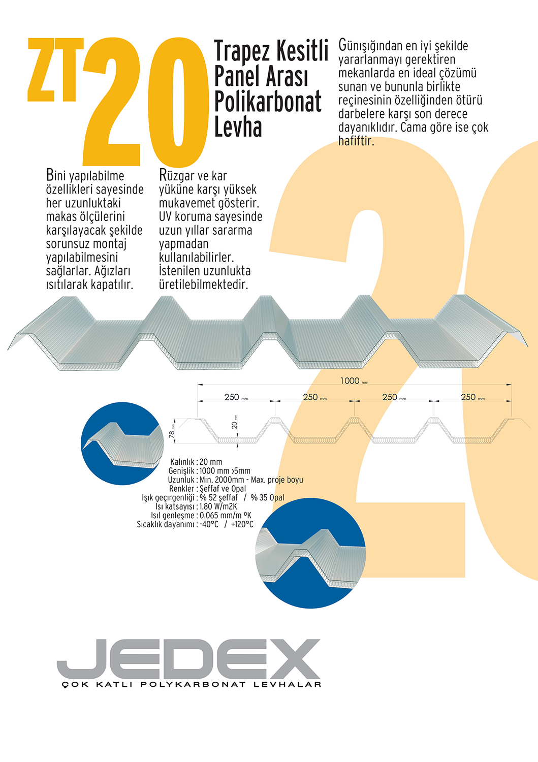 Jedex® ZT20 Trapez Kesitli Panel Arası Polikarbonat Levha